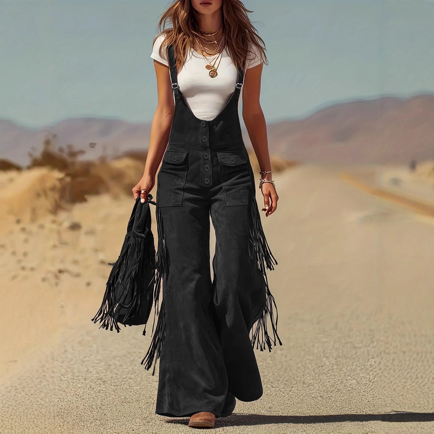 Women Chamois Straps Jumpsuit Spring Tassel Wide Leg Pants Romper Dungaree Bib Overalls Casual Loose Sleeveless Street Jumpsuits
