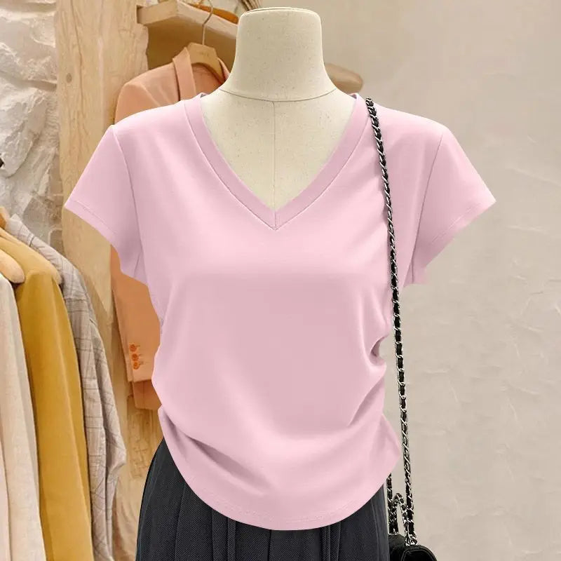 Summer irregular T-shirt women's V-neck curved hem casual breathable simple trend slim fit spicy girl sexy short sleeved shirt