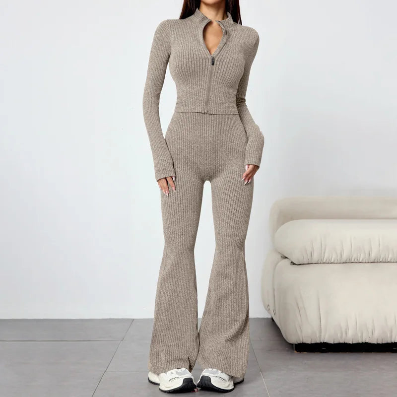 European And American Yoga Wear Set For Autumn And Winter Zipper Long-sleeved Sports Jacket Women's Fitness Yoga Flared Trousers