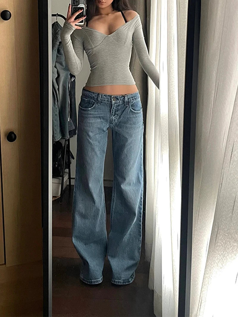 Y2K Baggy Jeans for Women Trendy Low Rise Casual Straight Leg Boyfriend Jeans Denim Pants with Pocket Streetwear