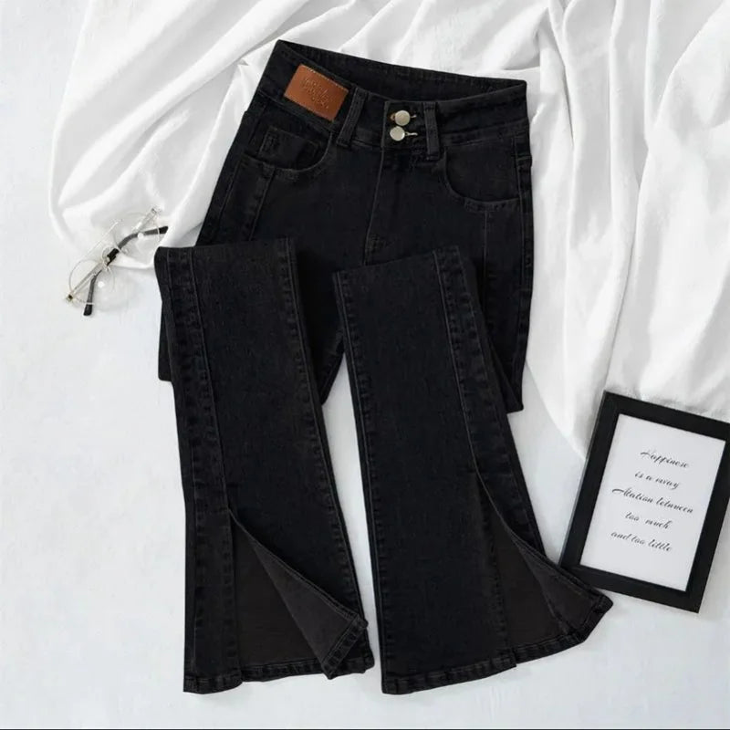 Streetwear Fashion Woman Clothing Split Slim Flare Jeans Spring Summer New High Waist All-match Vintage Casual Mop Denim Pants