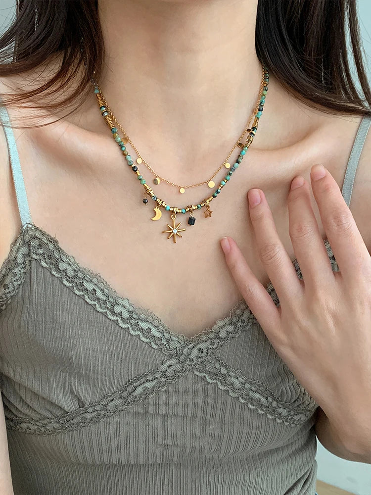 Peri'sbox New Multi-layer Acrylic Beaded Star Moon Starburst Charm Necklace for Women Bohemian Fashion Girl Summer Jewelry Gifts
