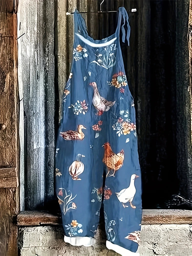 2025 Hot Women's Summer Fashion One-piece Suspender Pants Simple Comfortable Home Wide-leg Pants 3D Rooster Printed Work Pants