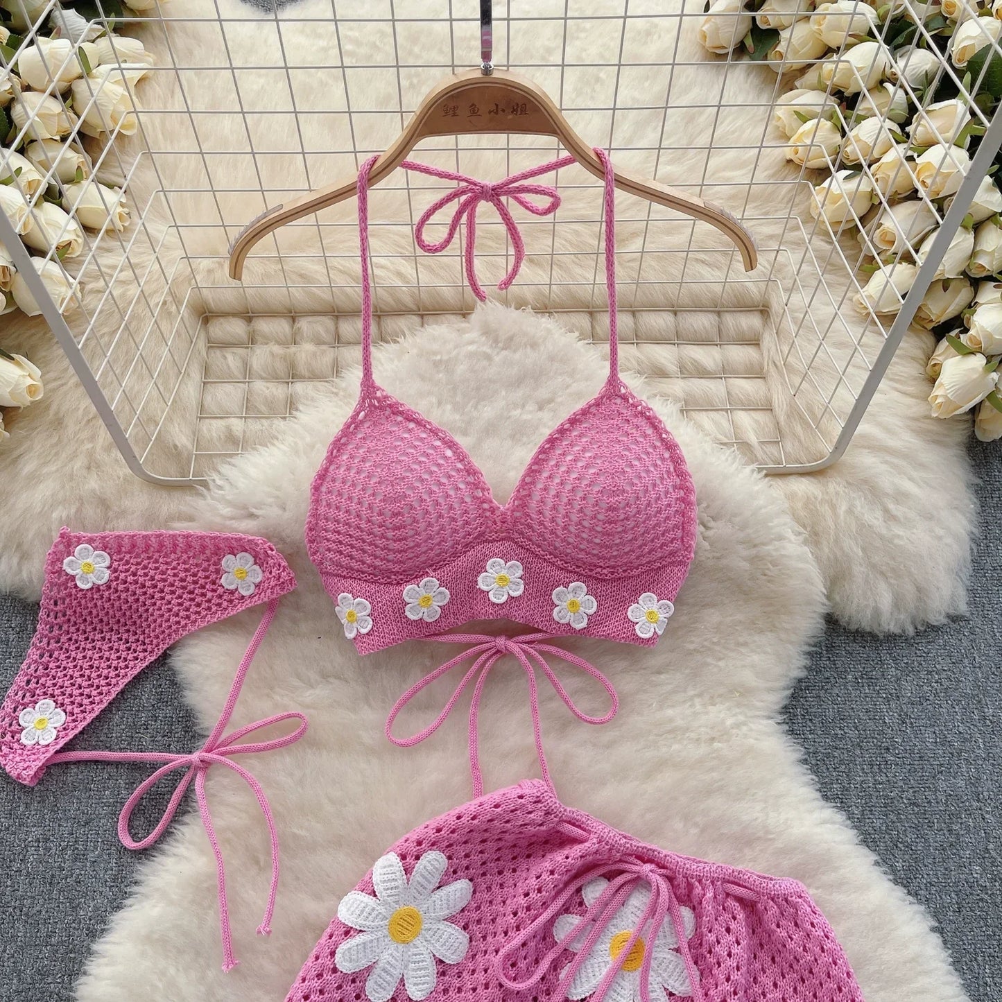 New Summer Hollow Out Knitted Suits Women Halter Lace Up Bow Backless Tank Top+Drawstring Split Mini Skirt Two Pieces Sets