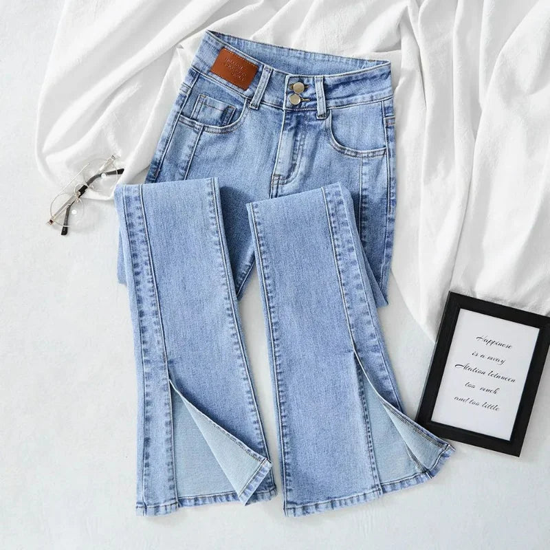 Streetwear Fashion Woman Clothing Split Slim Flare Jeans Spring Summer New High Waist All-match Vintage Casual Mop Denim Pants