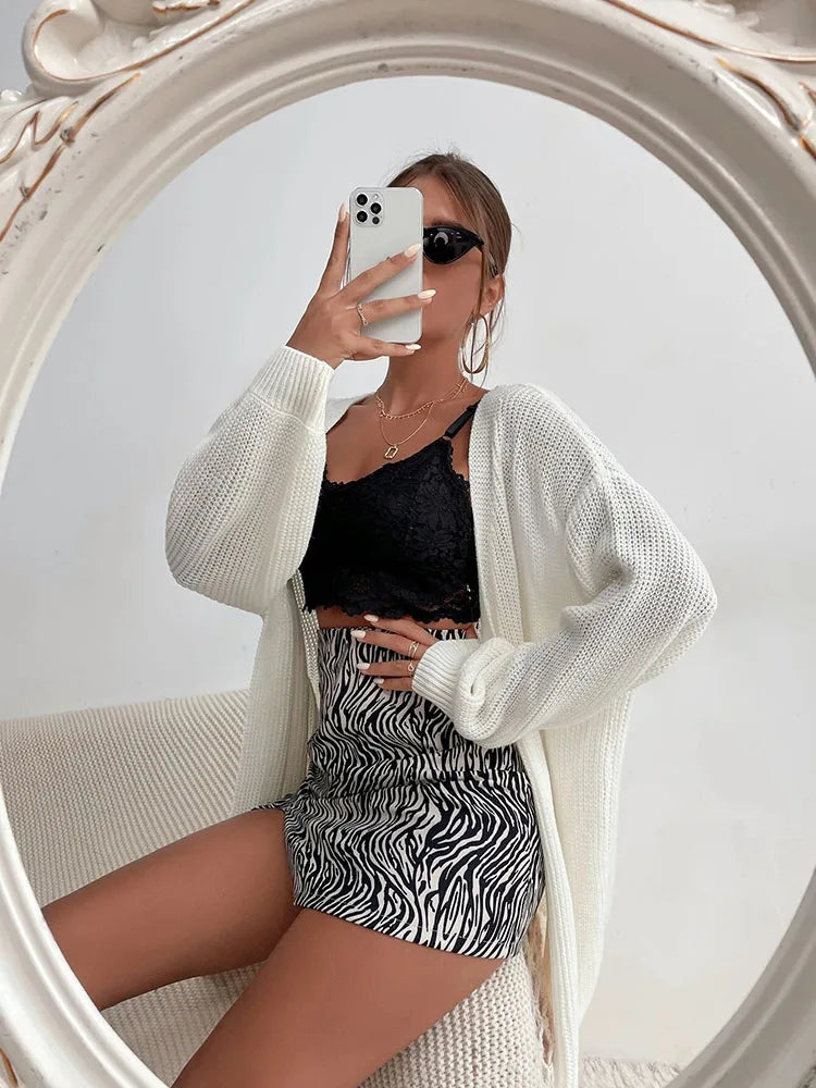 Elegant and fashionable cardigan sweater for women solid color medium to long length knit sweater simple and versatile jacket fo