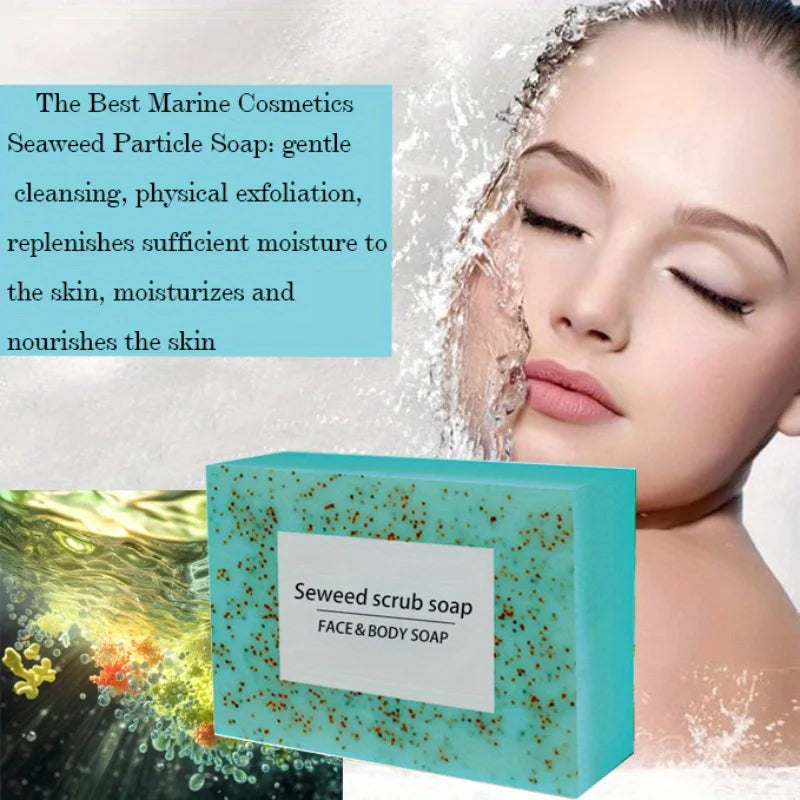 Seaweed scrub particle soap is rich in vitamin E. It contains olive oil, which gently cleanses the face, moisturizes and hydrate