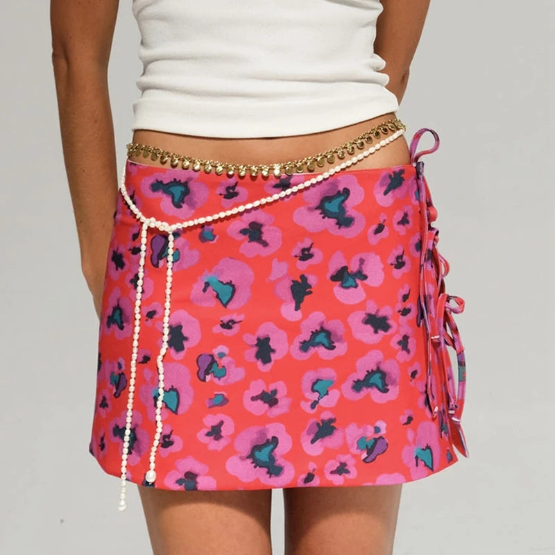 Multi-wear style Floral Print Mini Skirt Crop Tops Women Slim Low Waist Side Split Tie-Up Bodycon Skirt Y2K Vintage Streetwear