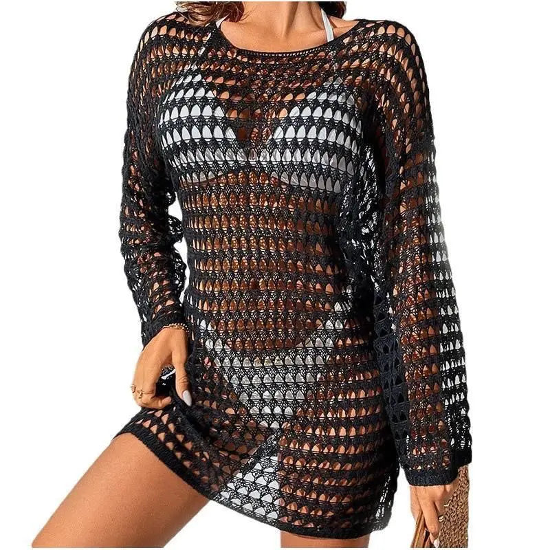 Summer Woman Knitted Long Style T-Shirts Solid Hollow Out Sunscreen Sexy Vacation Blouse Swimsuit Mesh Cover-up Beachwear Tops