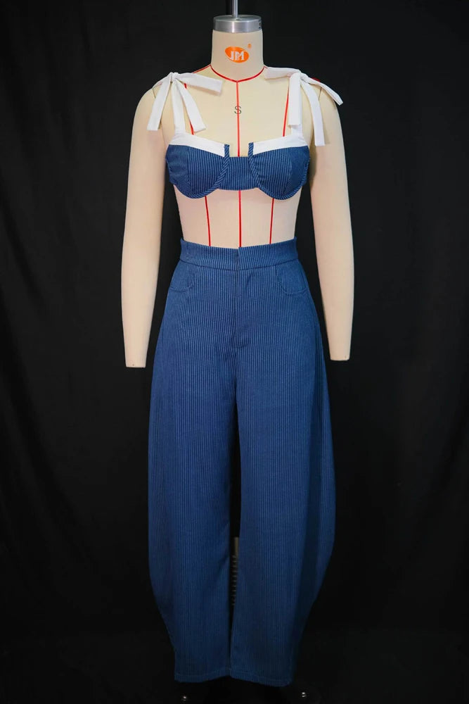 Elegant Women's Sets Striped Patchwork Straps Bow Crop Top and Wide Leg Pants 2026 New Party Vacation 2 Piece Matching Outfits