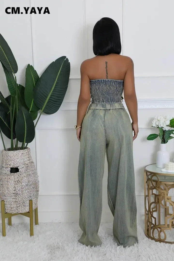 CM.YAYA Denim Women's Set Sleeveless Strapless Top +Loose Jeans Pants 2024 Fall Lace Up Street Two 2 Piece Set Outfits Tracksuit