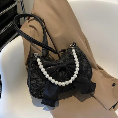 Fashion Pearl Chains Design Female Shoulder Messenger Bag Sweet Bow Ladies Crossbody Bags Flower Pattern Women Square Handbags