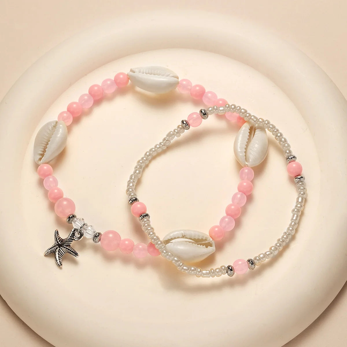 2-piece vacation ocean style alloy starfish pendant with colorful jelly beaded double layered women's anklet