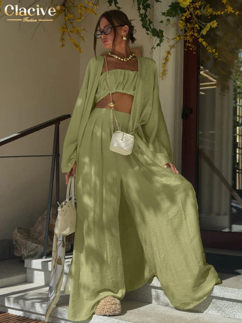 Clacive Fashion Loose Green 3 Pieces Set For Woman 2025 Sexy Long Sleeve Robes + Tube Top With High Waist Wide Pants Set Female