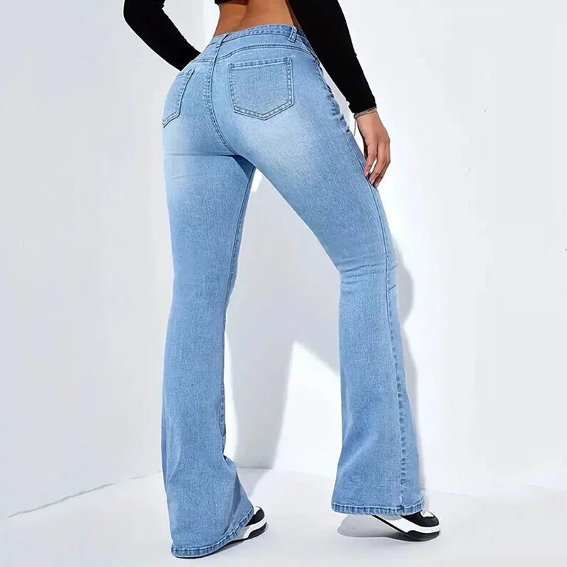 Lucyever Women's Denim Flare Pants Vintage Americana Streetwear Slim Y2K Punk Jeans Women Classic High Waist Wide Leg Trousers