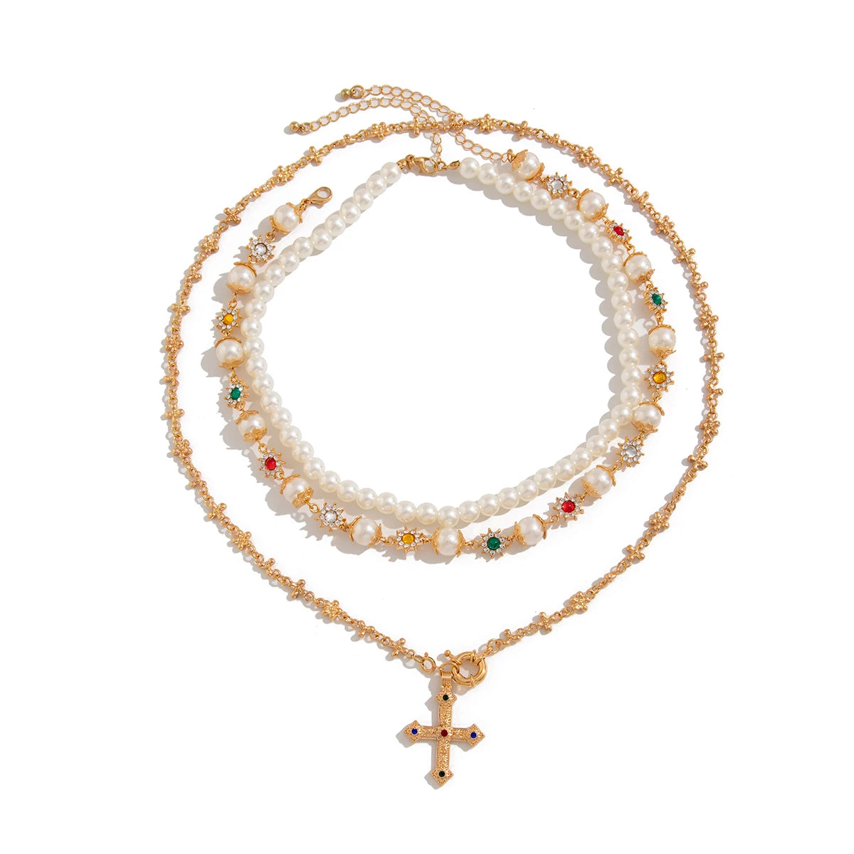 SHIXIN 3 Pcs Trendy Imitation Pearl Rhinestone Flower Long Tassel Necklace for Men Vintage Cross Pendant Necklace Neck Jewelry