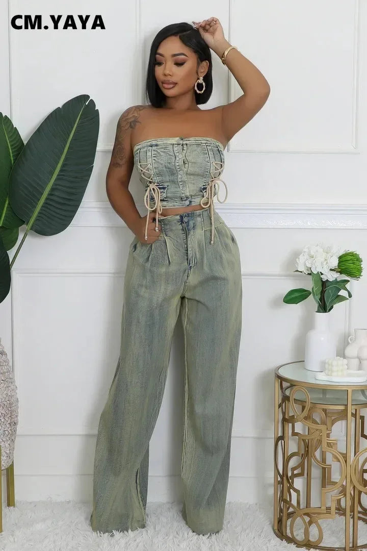CM.YAYA Denim Women's Set Sleeveless Strapless Top +Loose Jeans Pants 2024 Fall Lace Up Street Two 2 Piece Set Outfits Tracksuit