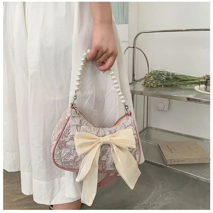 Fashion Pearl Chains Design Female Shoulder Messenger Bag Sweet Bow Ladies Crossbody Bags Flower Pattern Women Square Handbags