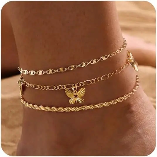 Layered Stainless Steel Anklet Seed Beads Butterfly Leaf Heart Summer Beach Foot Chain Niche Versatile Jewelry for Women Gift