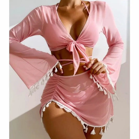 2025 New European and American Conservative Four-piece Set Solid Color Tassel Blouse Mesh Short Skirt Bikini