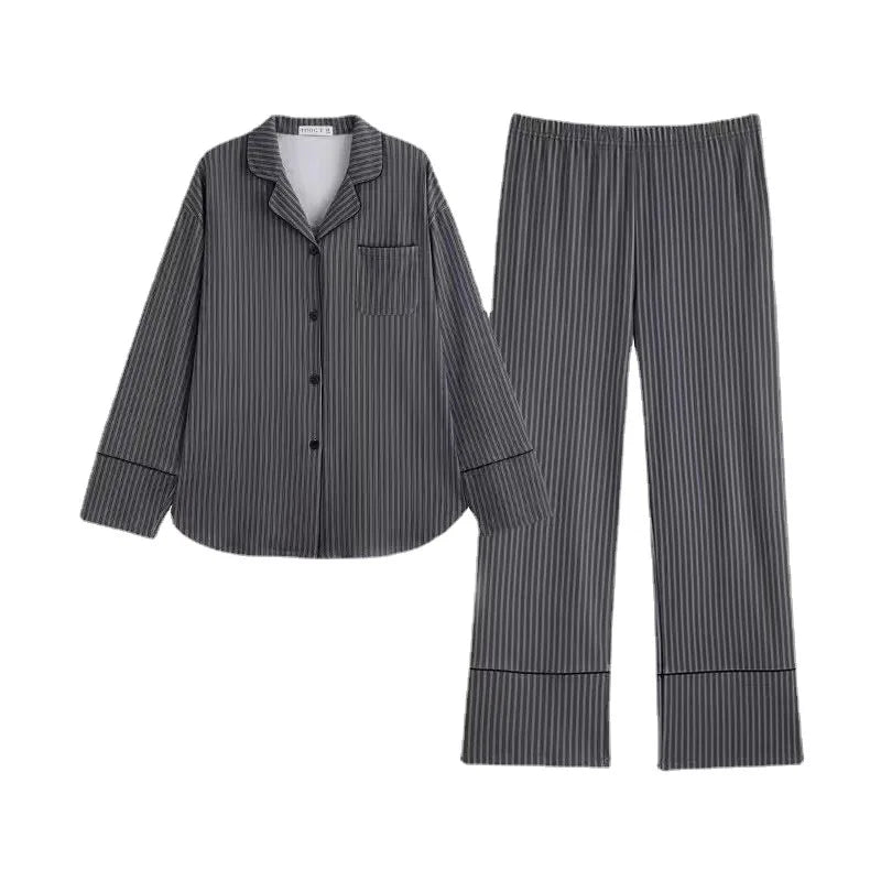 Pajamas for Women in Autumn and Winter Long Sleeved Striped Thin Design Can Be Worn Externally Student Sleepwear Two Piece Set