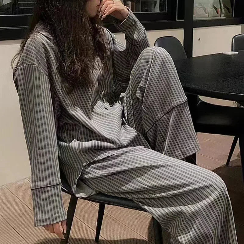 Pajamas for Women in Autumn and Winter Long Sleeved Striped Thin Design Can Be Worn Externally Student Sleepwear Two Piece Set
