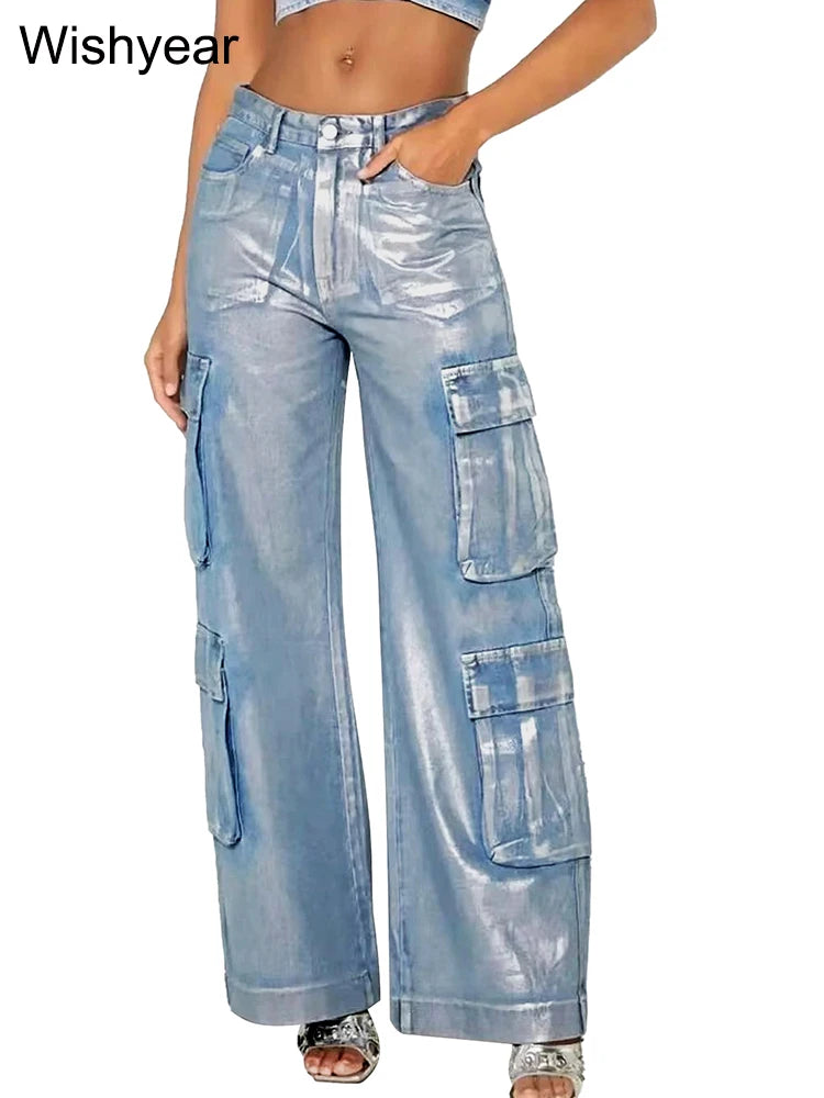 Hot Silver Stretch Denim Cargo Pants Women High Waist Streetwear Hip Hop Trousers Female Big Pockets Baggy Jeans Sweatpants y2k
