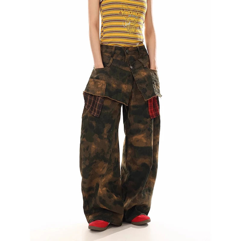 ZHIZOU Autumn Womens Jeans High Waist Baggy Casual Vintage Y2K Camouflage Straight Pants Street American Wide Leg Denim Trouser