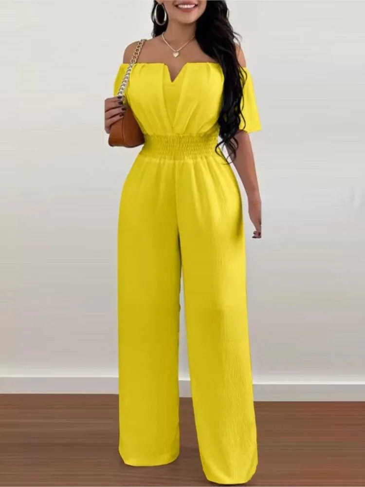 Lady Print High Waist Jumpsuit Sexy Off Shoulder Short Sleeve Wide Leg Pants Jumpsuits Women Fashion Casual Summer Women Clothes