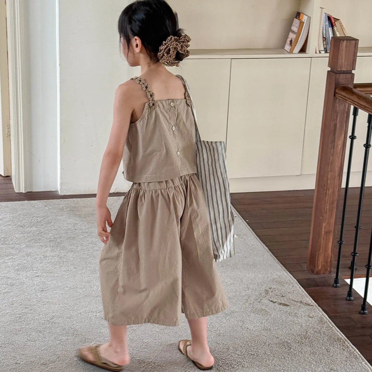 6094 Korean Children's Clothing Set Summer 2025 New Girl's Suit Suspender Shirt+Pant Casual Girl's Two Piece Suit