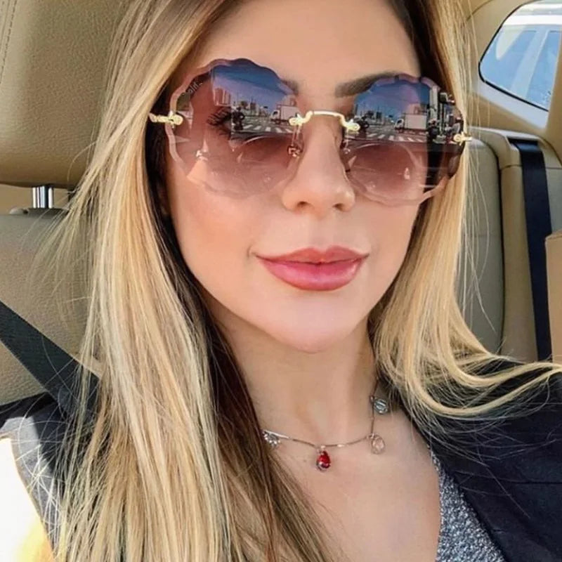 Oversized Round Sunglasses Women Flower Design Trendy Rimless Sun Glasses Shades for Women Driving Eyewear UV400