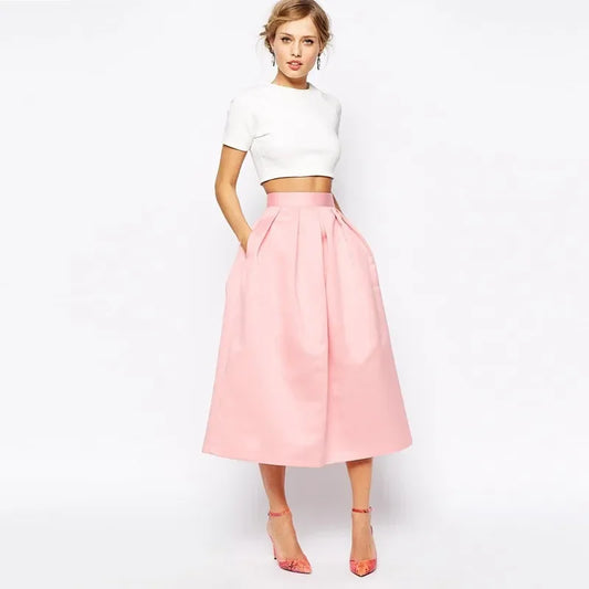 Graceful Pink Satin Skirts 2025 A Line Chic Invisible Zipper Waist Pleated Skirt High Quality Tea Length Lady Fashion Skirts