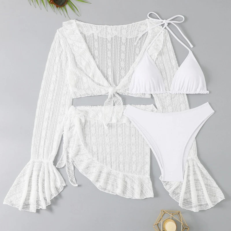 2025 Sexy Four-piece Women Swimsuit Long-sleeve Cover-up Swimwear Summer Solid Bikini Set Brazilian Beachwear Party bathing suit