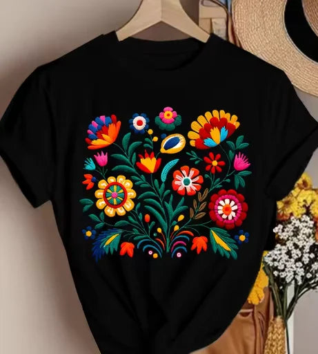 Mexican Embroidery Floral Women's Tee Vibrant Folk Art Graphic Casual Black Tops