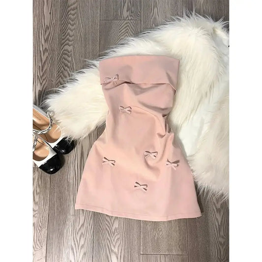 Spring Pink Strapless Mini Dress Women Bow Design Elegant Slim Fit Stylish Dress Comfortable Party Casual Dress Female 2025 New