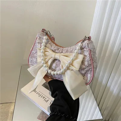 Fashion Pearl Chains Design Female Shoulder Messenger Bag Sweet Bow Ladies Crossbody Bags Flower Pattern Women Square Handbags