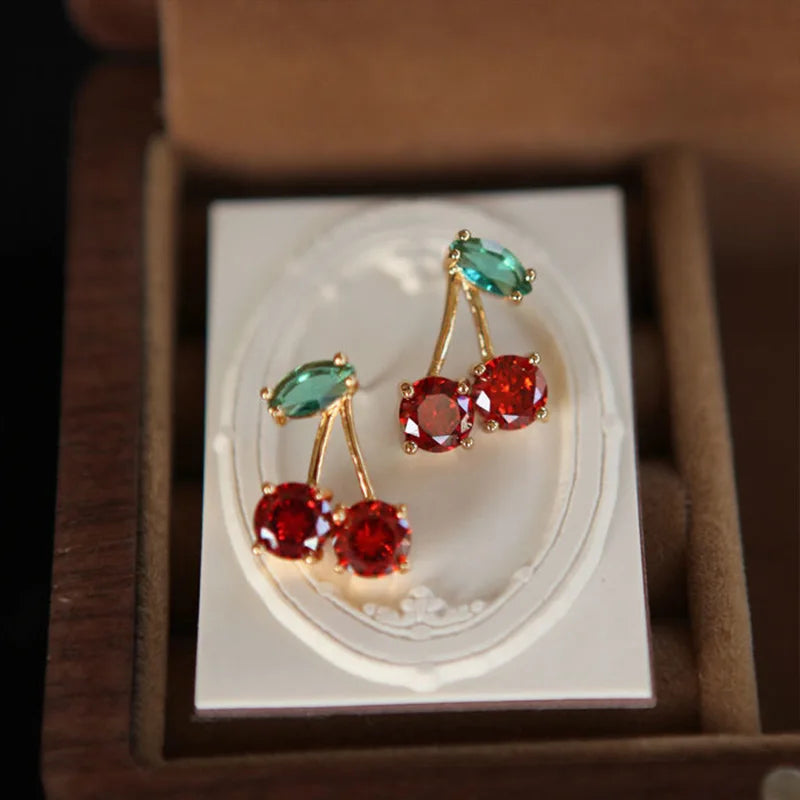 LATS Red Zircon Cherry Leaf Stud Earrings for Women Fashion Crystal Dangle Party Prom Birthday Wedding Gifts Jewelry Accessories