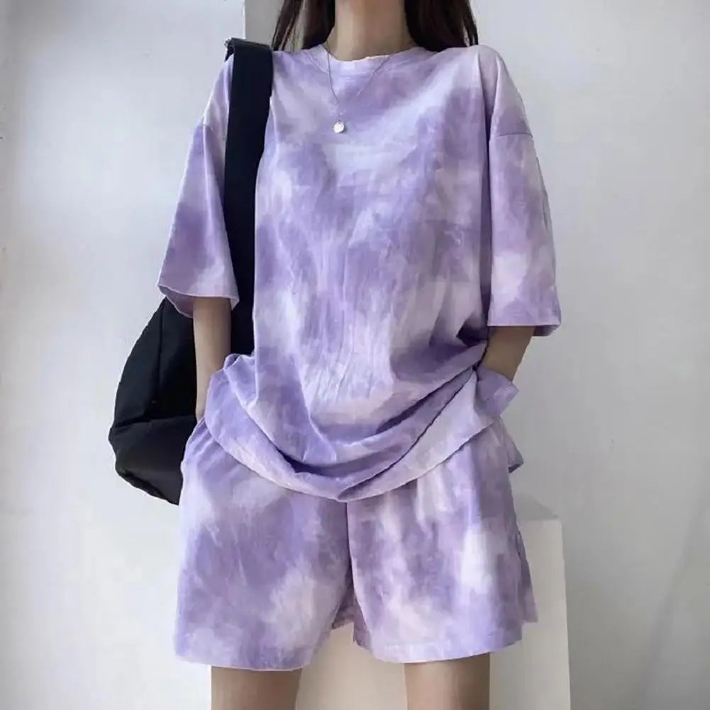 Women T-shirt Shorts Set Tie-dye Loose Short Sleeves Loose Top Elastic Waist Mini Shorts Casual Sport Daily Wear Top Pants Set