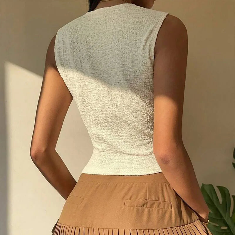 Summer Women Single Breasted V-Neck Tank Tops Solid Color Female Sexy Sleeveless Cropped Top Casual Vests Ladies Slim Camisole