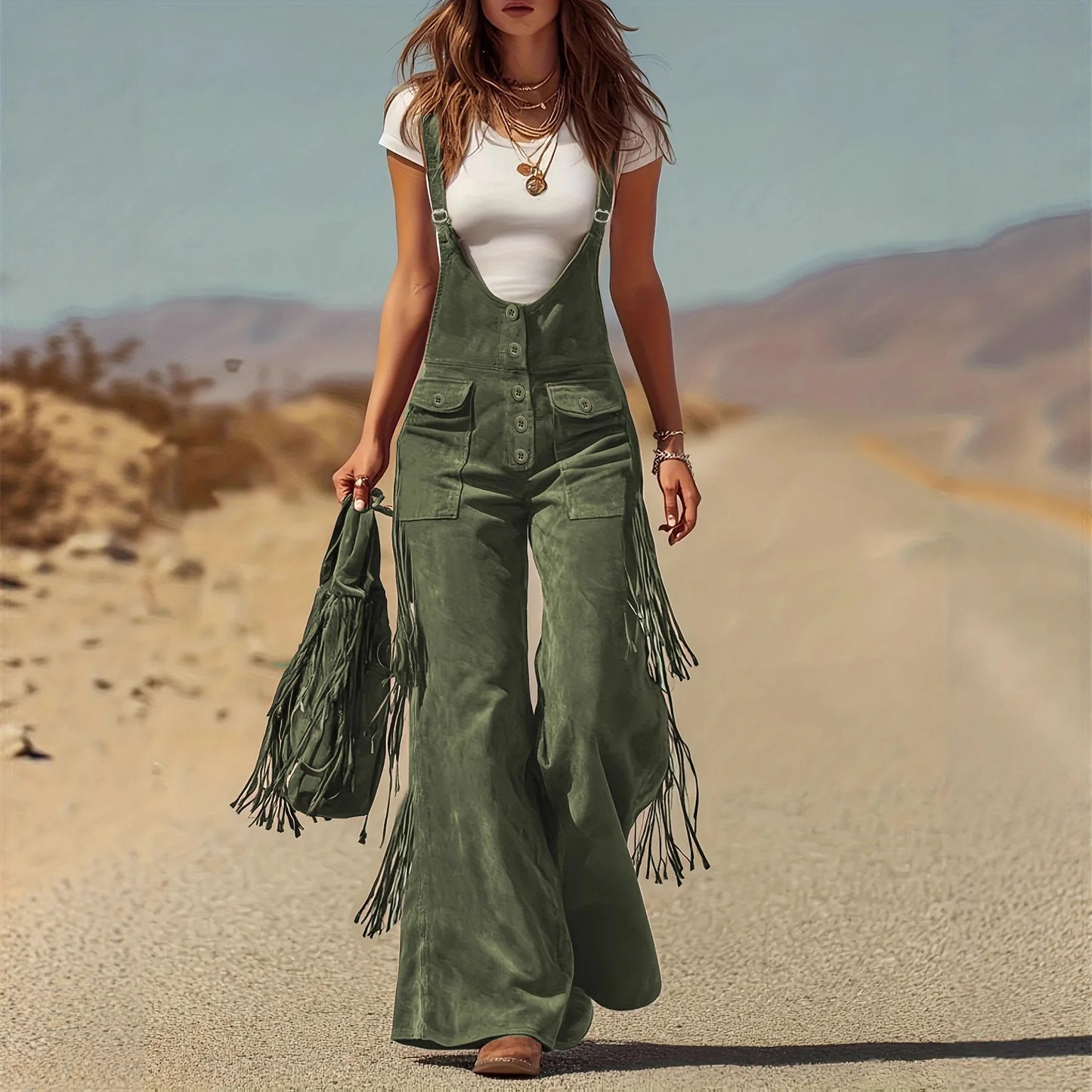 Women Chamois Straps Jumpsuit Spring Tassel Wide Leg Pants Romper Dungaree Bib Overalls Casual Loose Sleeveless Street Jumpsuits
