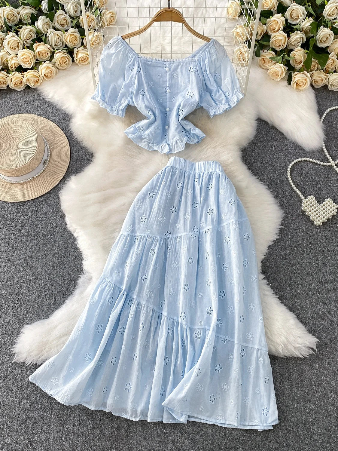 Pink Gentle Wind Square Collar Bubble Sve irt ort ter Top Hook Flower Hollow out f Skirt Set Women's Faion Spr...