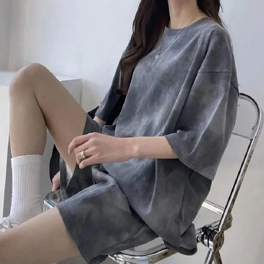 Women T-shirt Shorts Set Tie-dye Loose Short Sleeves Loose Top Elastic Waist Mini Shorts Casual Sport Daily Wear Top Pants Set