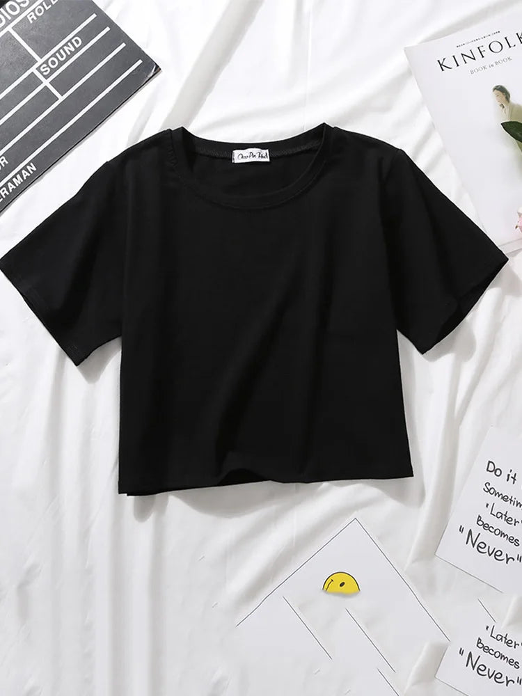 Summer Short Sleeve T Shirts Women Cotton Solid T-shirt O Neck High Waist Crop Top Tee Female Casual Loose T Shirt