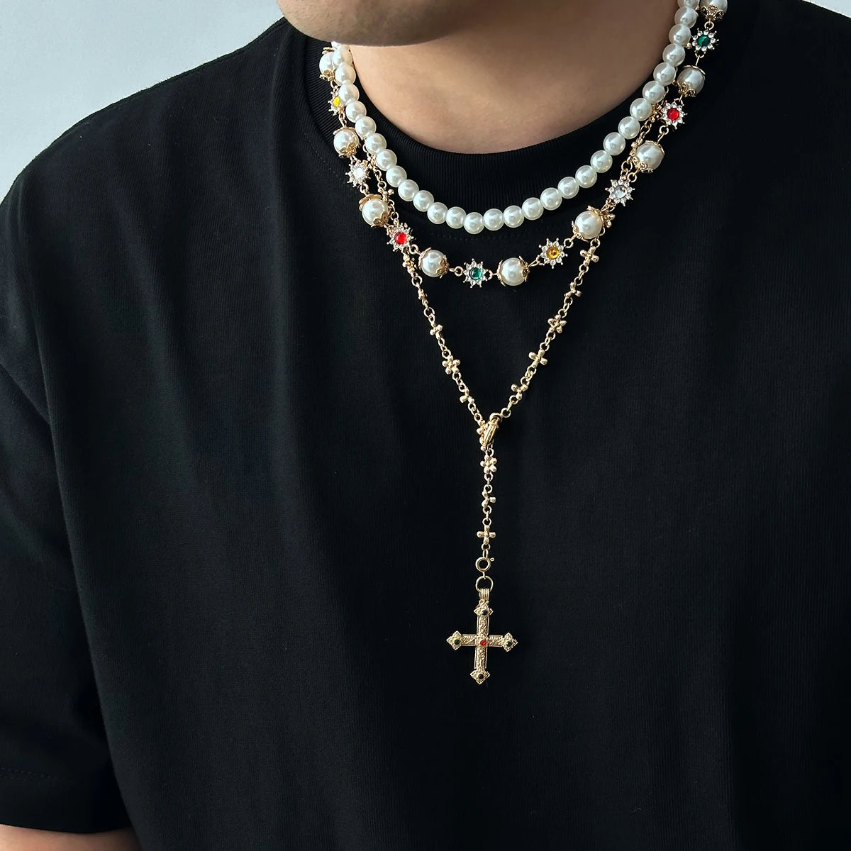 SHIXIN 3 Pcs Trendy Imitation Pearl Rhinestone Flower Long Tassel Necklace for Men Vintage Cross Pendant Necklace Neck Jewelry