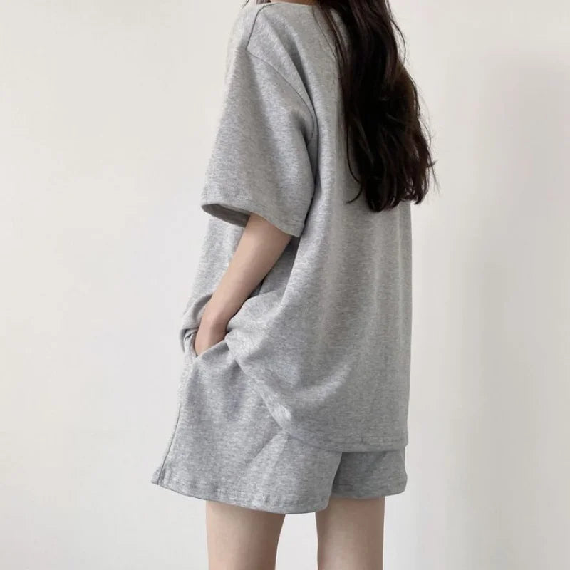 Summer Cotton Bear Print Short Sets 2025 New Casual Loose Two Pieces Short Sleeve T Shirt and High Waist Short Pants Suits Women