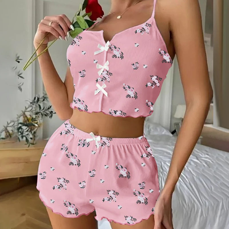 Summer Sleepwear Women Fashion Floral Print Pajama Set V Neck Cami Top Lettuce Trim Shorts Sexy Lingerie