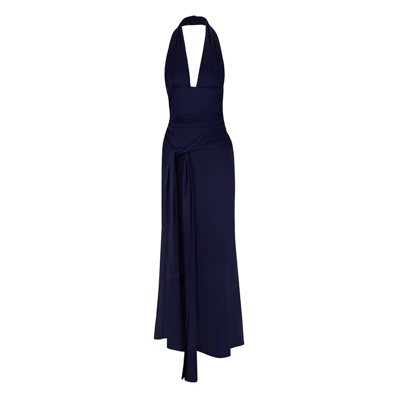 Sexy Satin Wrap around Waist Top with Long Skirt AD329 Summer New Style Crossbody Strap Design Bodycon Dress for Women