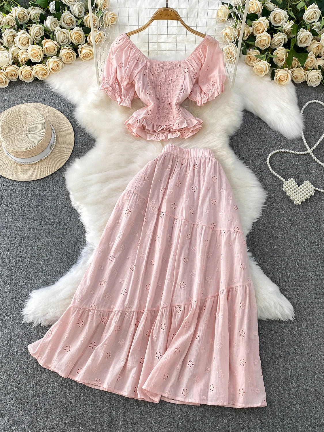 Pink Gentle Wind Square Collar Bubble Sve irt ort ter Top Hook Flower Hollow out f Skirt Set Women's Faion Spr...
