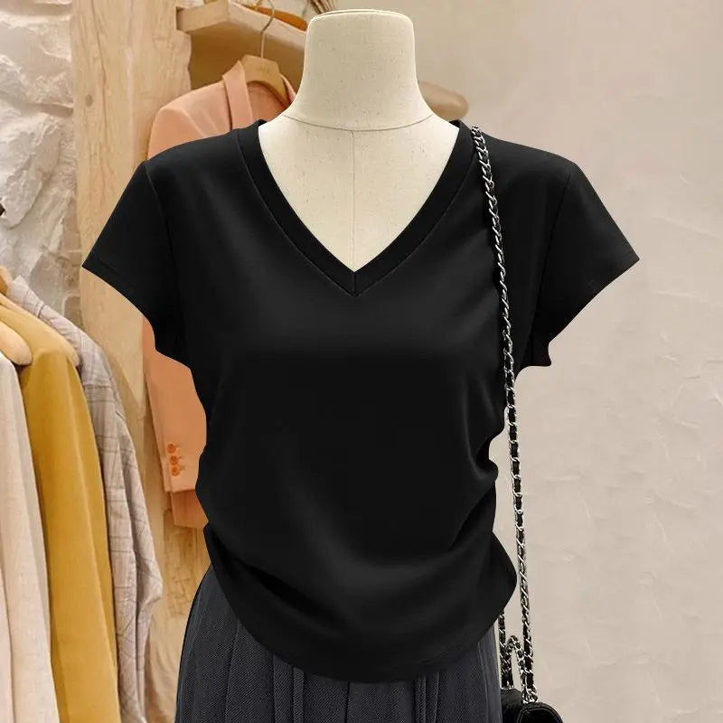 Summer irregular T-shirt women's V-neck curved hem casual breathable simple trend slim fit spicy girl sexy short sleeved shirt