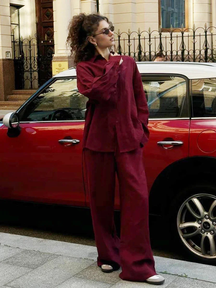 New Solid Casual Cotton Linen Shirt Sets Chic Button Down Blouse Drawstring Wide Leg Trousers Suit Women's Summer Vacation Wear